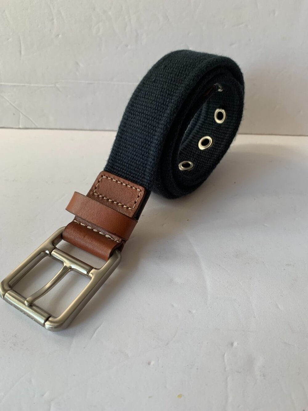 Lacoste Belt Men Canvas Genuine Leather Size 38 #25030 Knitted Navy Blue  1 3/8"